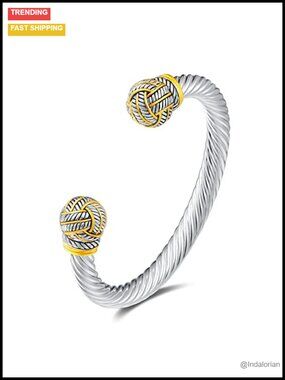 Two Tone Twisted Wire Rope Open Cuff Bracelet Imitation Pearl Ends